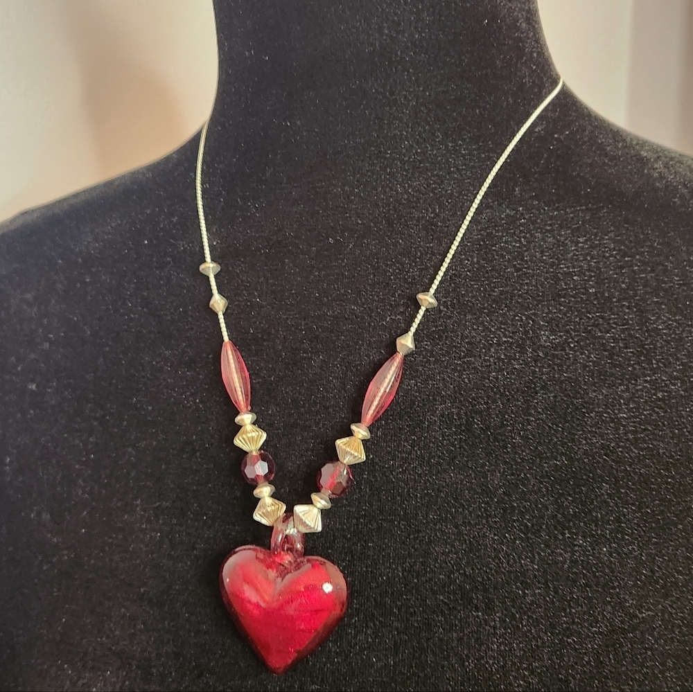 Costume Jewelery Red Heart Necklace Hand Blown Red Art Glass Heart